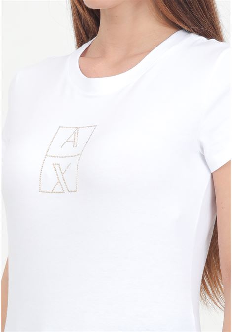 White short-sleeved T-shirt for women with rhinestone logo detail ARMANI EXCHANGE | 6DYT35YJCTZ1000